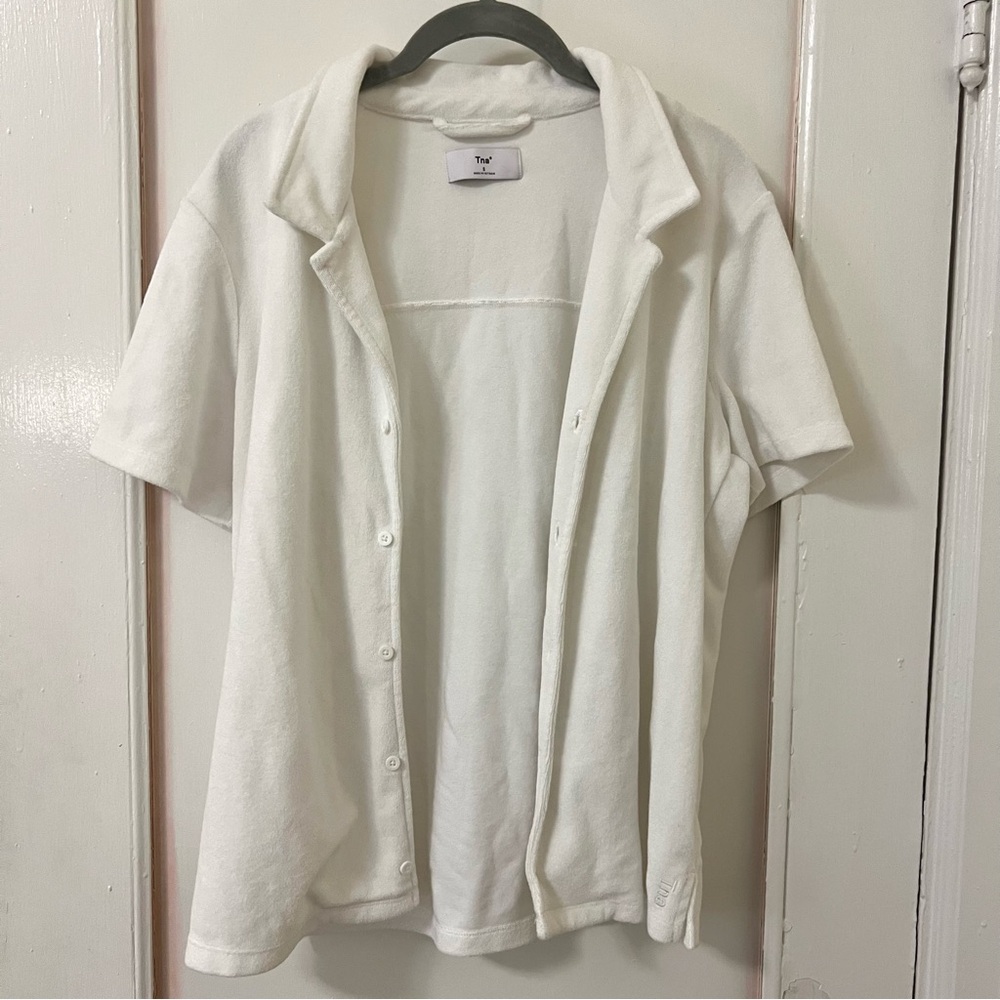 ARITZIA TNA Newcastle terry cloth short sleeve shirt button up v neck blouse top - Picture 2 of 9